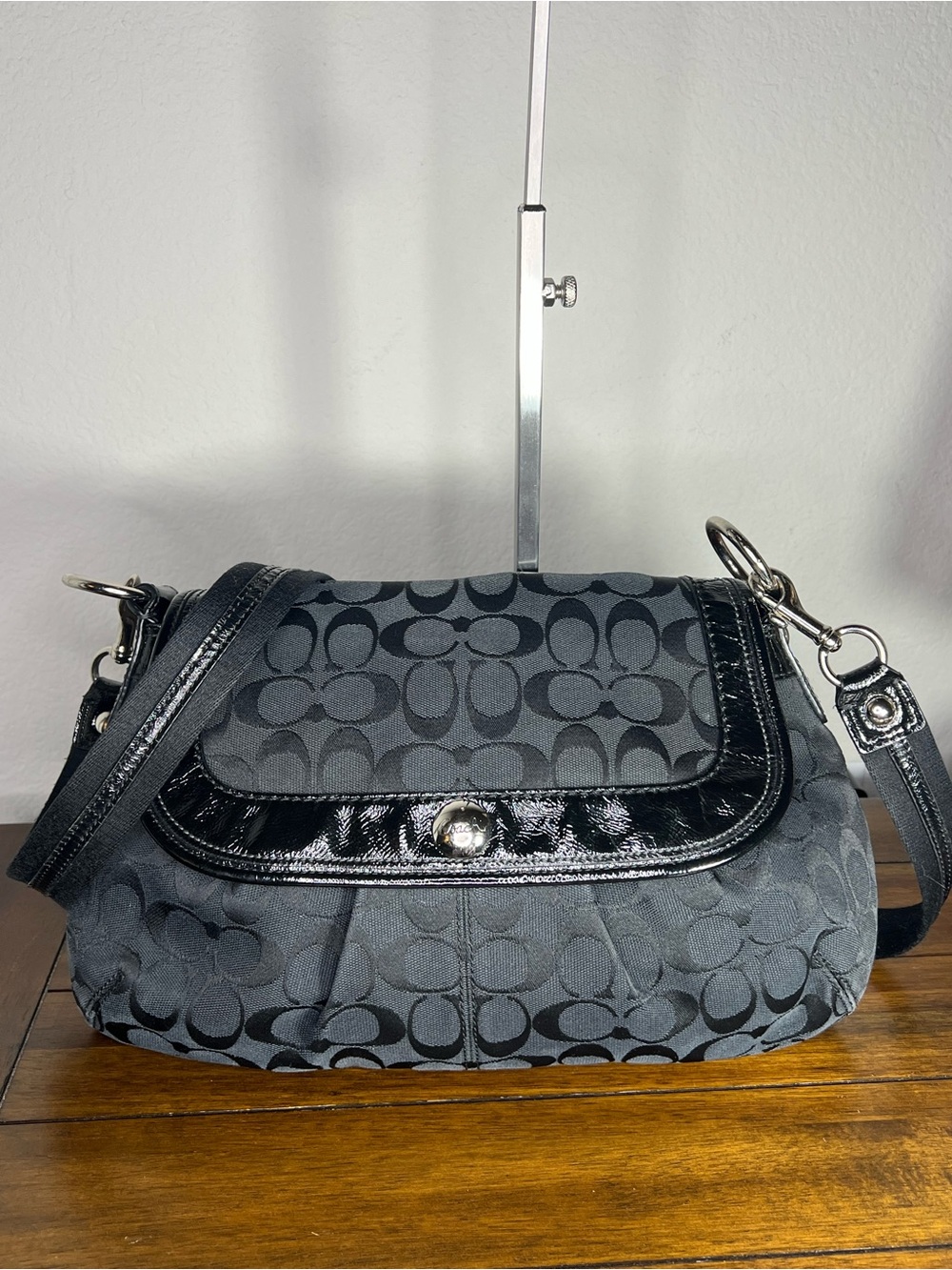 Coach Soho Black Signature Jacquard Bag with Patent Trim